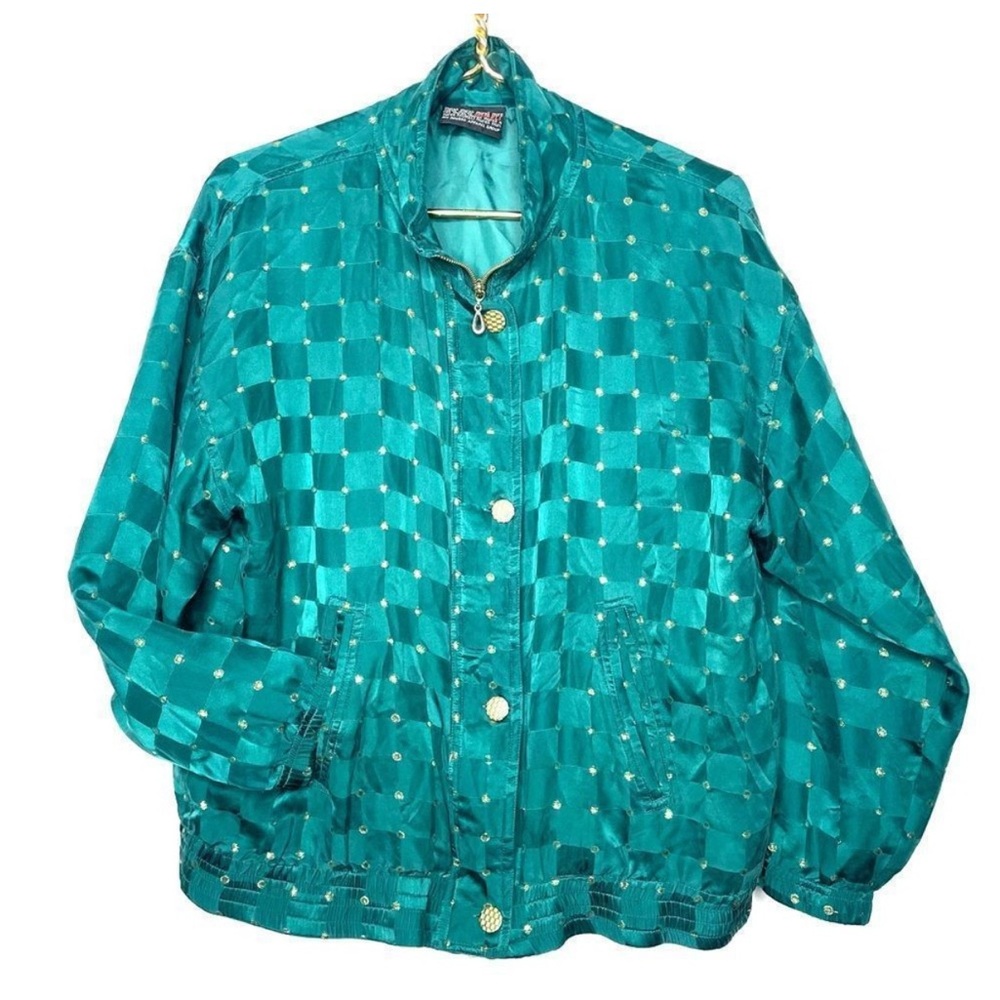 Vintage Silk Checkered Zip-up Bomber Jacket Green